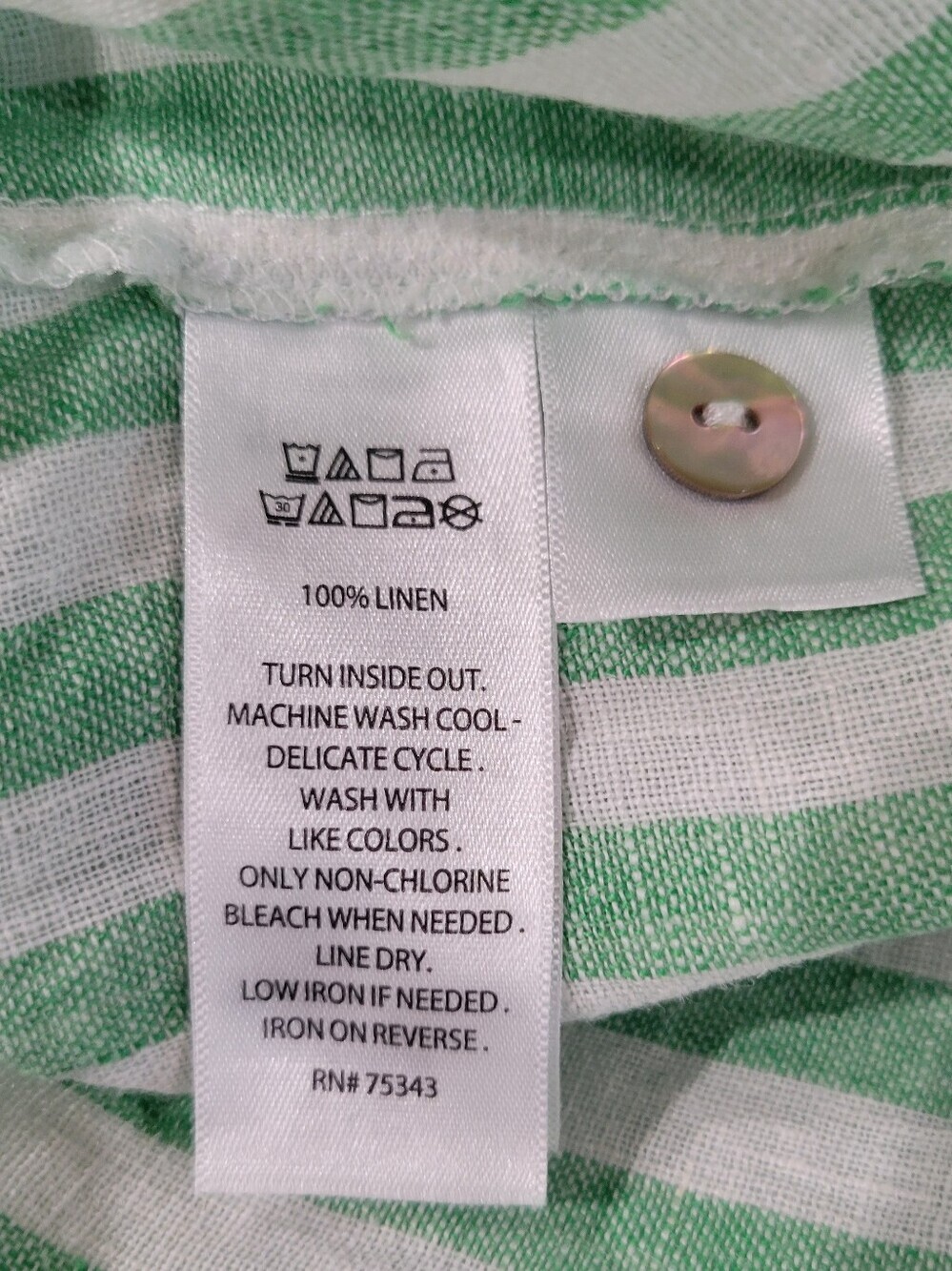 Nicole Miller 100% Linen Green & White Striped Button-Up Blouse | Size Large - Picture 7 of 7